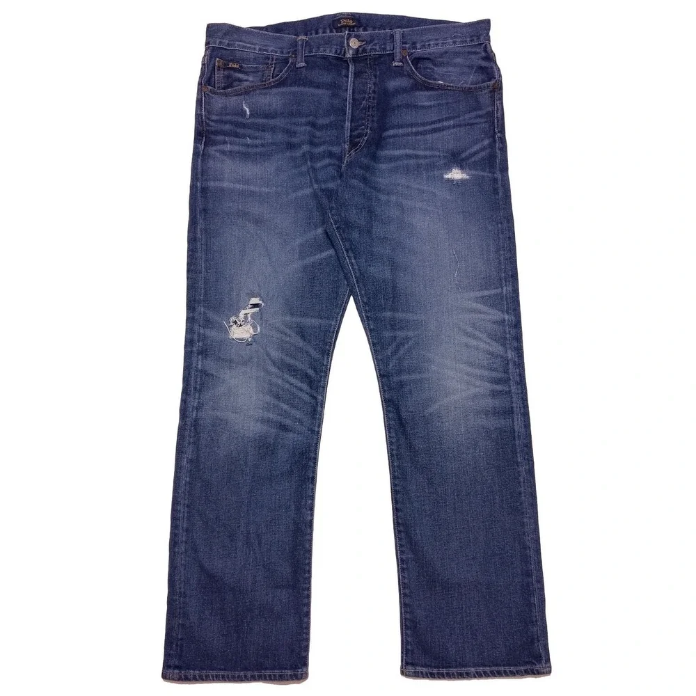 POLO RALPH LAUREN Men's Denim Jeans Button Fly Medium‎ Blue Distressed ~ 36 x 30
